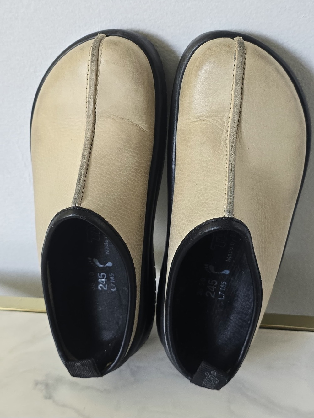 Birkenstock Tatami Footprints Beige Black Antwerpen Leather Clogs US L-7 M-5